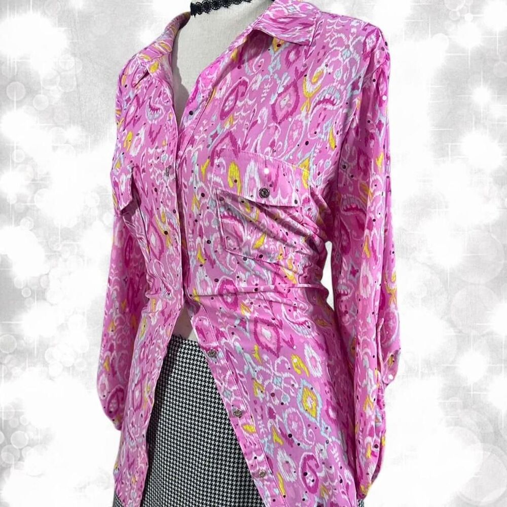 Fairycore Whimsical Pink Paisley Button Up Blouse With Sparkly Detail - Picture 2 of 7